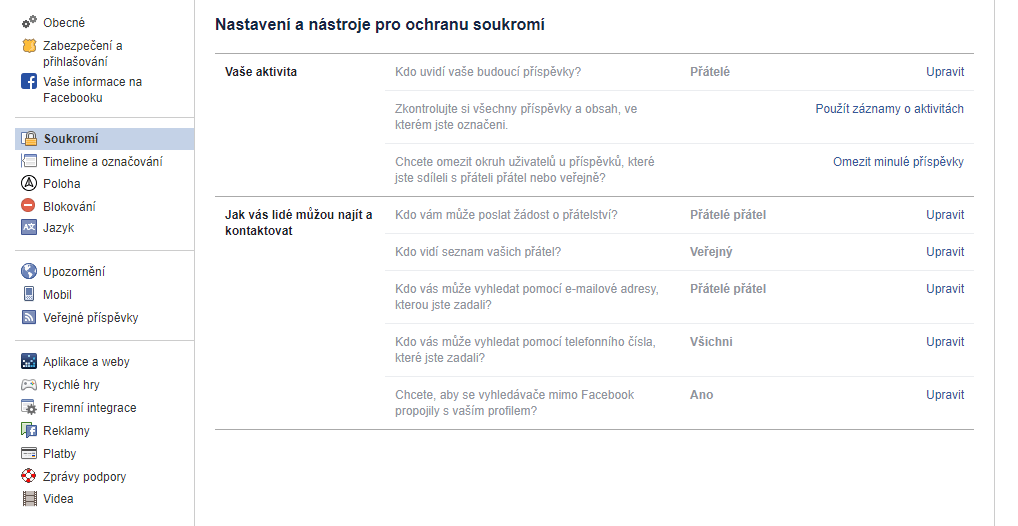 facebook nastavení soukromí