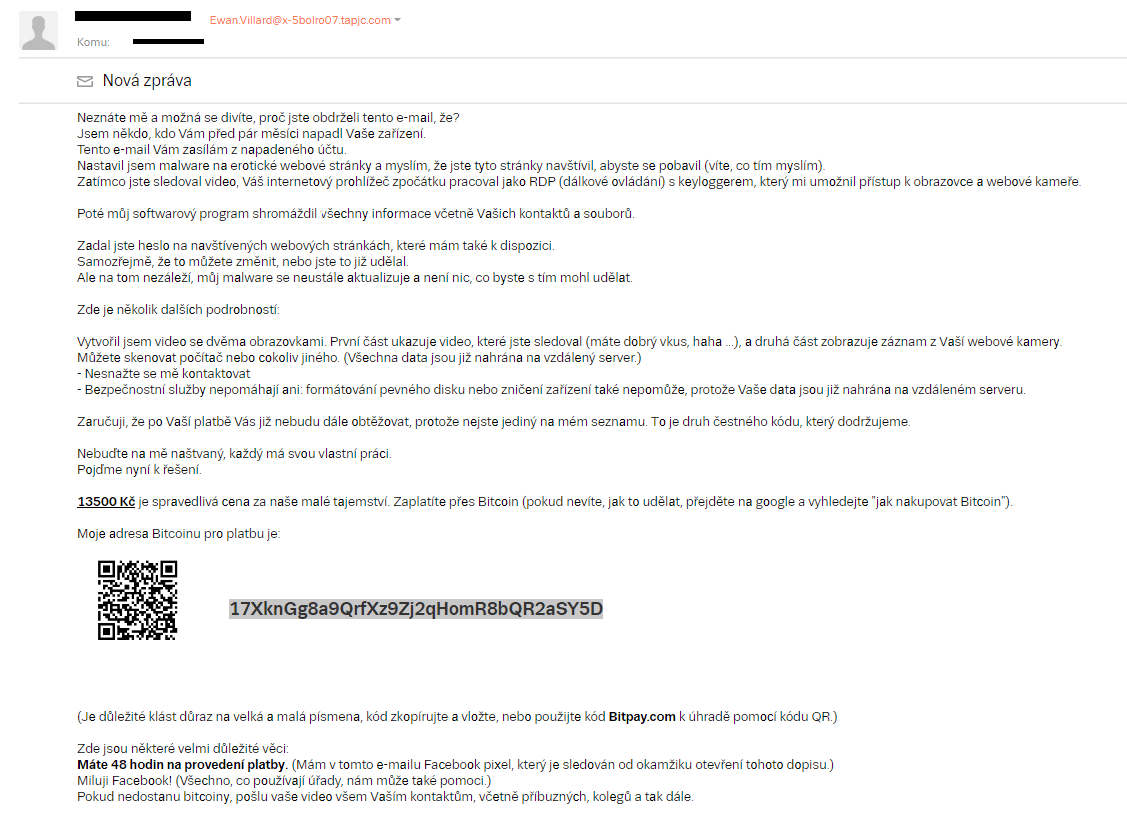 Ukázka e-mailu, který využívá k vydírání smyšlenou sexuální nahrávku