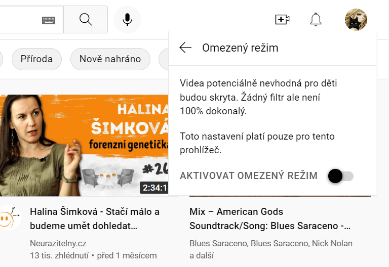 Omezený režim YouTube lze zapnout dětem do 13 let.
