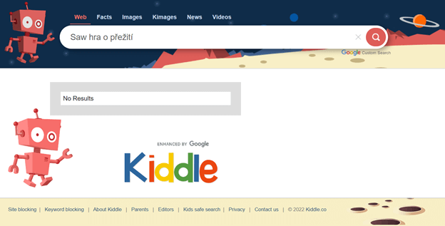 Dětský vyhledávač Kiddle: při hledání nevhodného obsahu nenabízí žádný výsledek