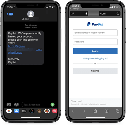 Příklad smishingové zprávy, která se přiživuje na přihlašovacích údajích ke službě PayPal